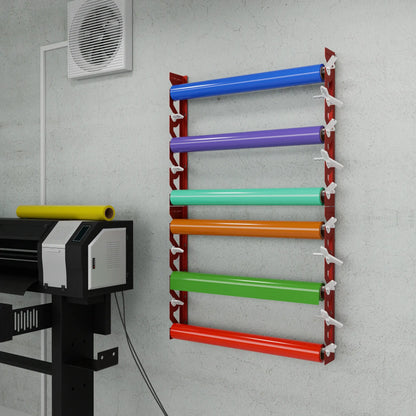 Red Aluminum Wall Mounted Vinyl Roll Storage Rack with White V-Bracket ABS Plastic Swivel Arm – Holds 5 Vinyl Rolls, Space-Saving Organizer for Studios & Print Shops