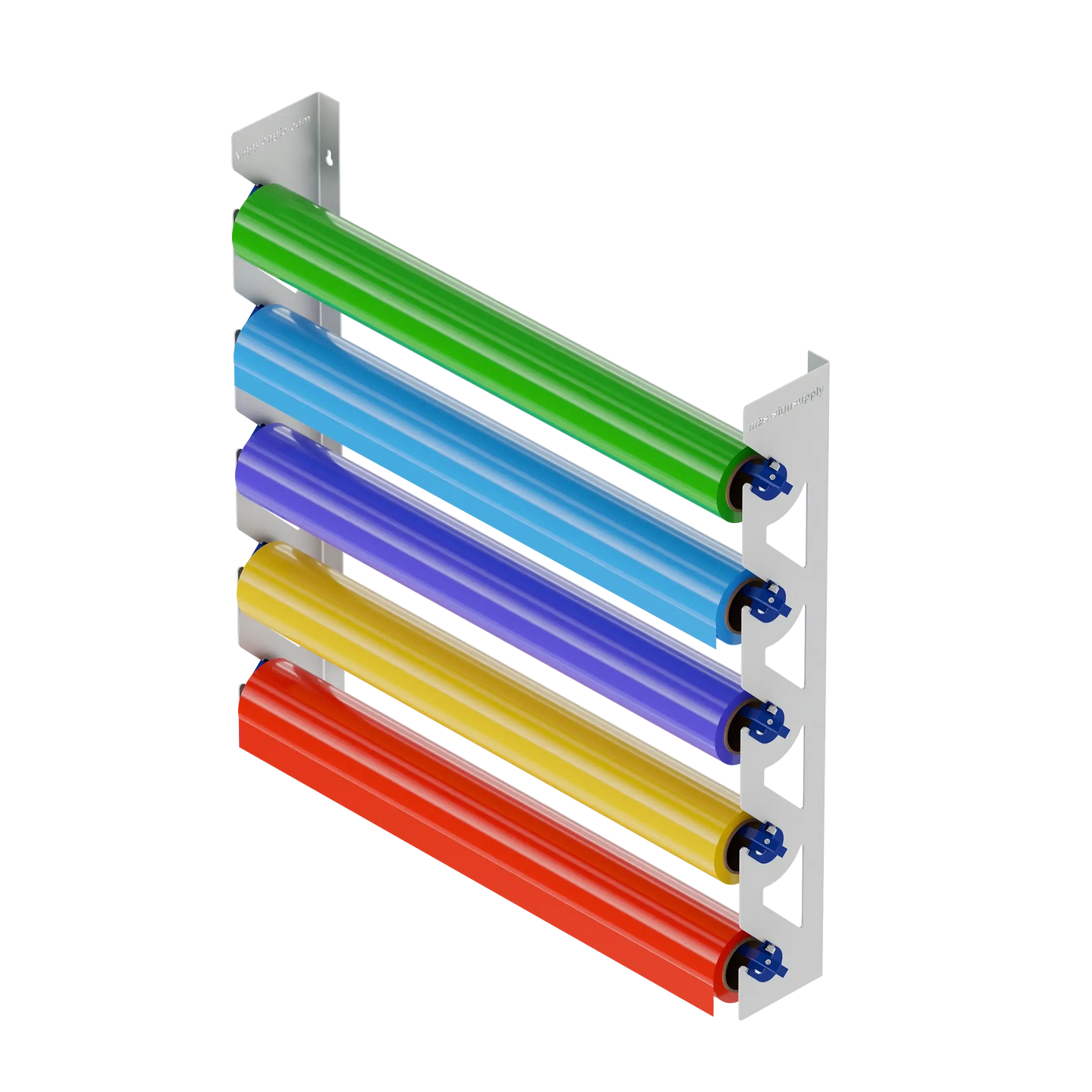 White Aluminum Wall Mounted Vinyl Roll Storage Rack with Blue V-Bracket ABS Plastic Swivel Arm – Holds 5 Vinyl Rolls, Space-Saving Organizer for Studios & Print Shops