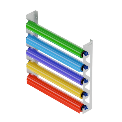 White Aluminum Wall Mounted Vinyl Roll Storage Rack with Blue V-Bracket ABS Plastic Swivel Arm – Holds 5 Vinyl Rolls, Space-Saving Organizer for Studios & Print Shops