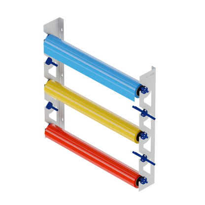 White Aluminum Wall Mounted Vinyl Roll Storage Rack with Blue V-Bracket ABS Plastic Swivel Arm – Holds 5 Vinyl Rolls, Space-Saving Organizer for Studios & Print Shops