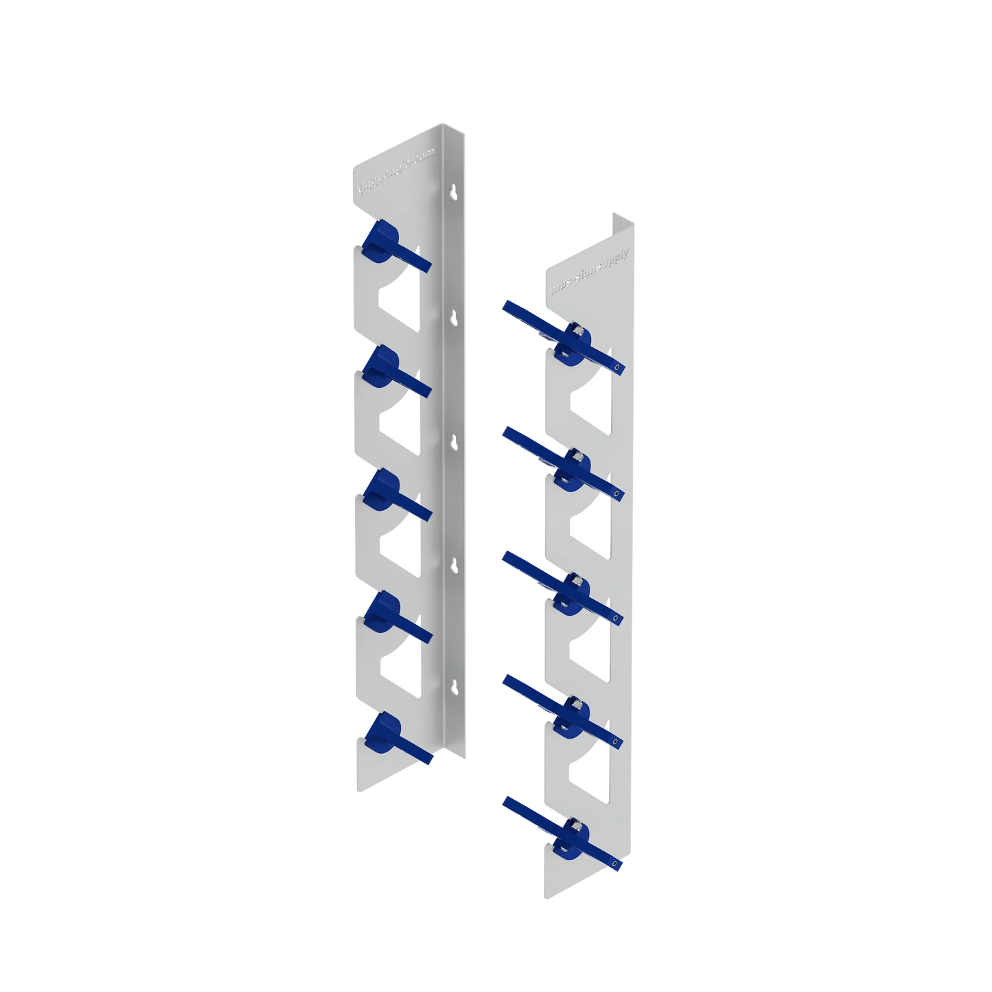 White Aluminum Wall Mounted Vinyl Roll Storage Rack with Blue V-Bracket ABS Plastic Swivel Arm – Holds 5 Vinyl Rolls, Space-Saving Organizer for Studios & Print Shops