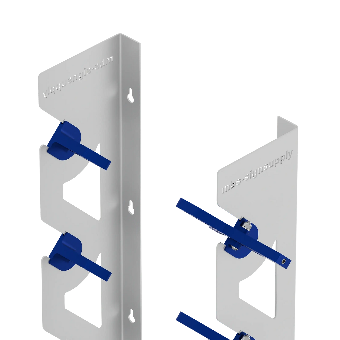 White Aluminum Wall Mounted Vinyl Roll Storage Rack with Blue V-Bracket ABS Plastic Swivel Arm – Holds 5 Vinyl Rolls, Space-Saving Organizer for Studios & Print Shops