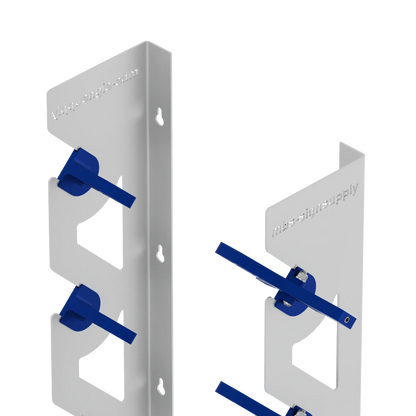 White Aluminum Wall Mounted Vinyl Roll Storage Rack with Blue V-Bracket ABS Plastic Swivel Arm – Holds 5 Vinyl Rolls, Space-Saving Organizer for Studios & Print Shops