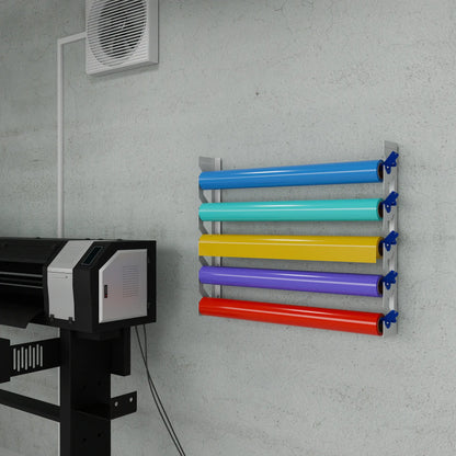 White Aluminum Wall Mounted Vinyl Roll Storage Rack with Blue V-Bracket ABS Plastic Swivel Arm – Holds 5 Vinyl Rolls, Space-Saving Organizer for Studios & Print Shops