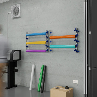 White Aluminum Wall Mounted Vinyl Roll Storage Rack with Blue V-Bracket ABS Plastic Swivel Arm – Holds 5 Vinyl Rolls, Space-Saving Organizer for Studios & Print Shops