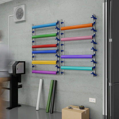White Aluminum Wall Mounted Vinyl Roll Storage Rack with Blue V-Bracket ABS Plastic Swivel Arm – Holds 5 Vinyl Rolls, Space-Saving Organizer for Studios & Print Shops