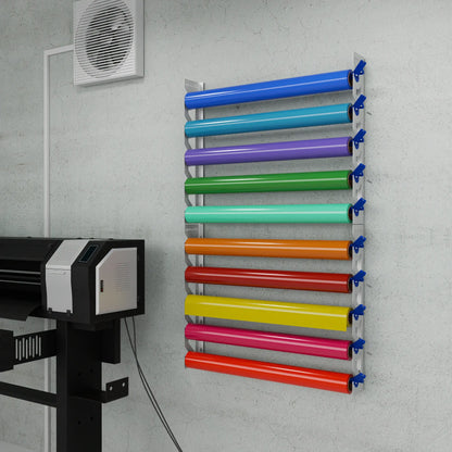 White Aluminum Wall Mounted Vinyl Roll Storage Rack with Blue V-Bracket ABS Plastic Swivel Arm – Holds 5 Vinyl Rolls, Space-Saving Organizer for Studios & Print Shops