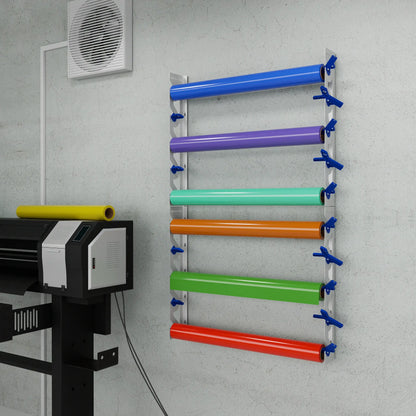 White Aluminum Wall Mounted Vinyl Roll Storage Rack with Blue V-Bracket ABS Plastic Swivel Arm – Holds 5 Vinyl Rolls, Space-Saving Organizer for Studios & Print Shops