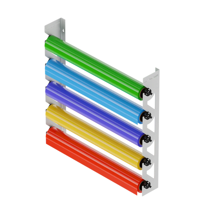 White Aluminum Wall Mounted Vinyl Roll Storage Rack with Black V-Bracket ABS Plastic Swivel Arm – Holds 5 Vinyl Rolls, Space-Saving Organizer for Studios & Print Shops