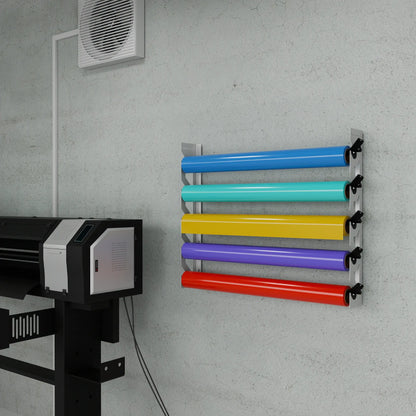 White Aluminum Wall Mounted Vinyl Roll Storage Rack with Black V-Bracket ABS Plastic Swivel Arm – Holds 5 Vinyl Rolls, Space-Saving Organizer for Studios & Print Shops