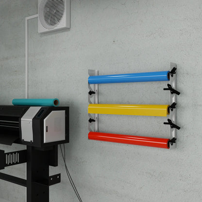 White Aluminum Wall Mounted Vinyl Roll Storage Rack with Black V-Bracket ABS Plastic Swivel Arm – Holds 5 Vinyl Rolls, Space-Saving Organizer for Studios & Print Shops