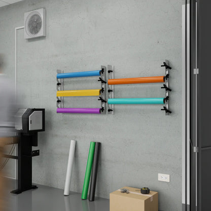 White Aluminum Wall Mounted Vinyl Roll Storage Rack with Black V-Bracket ABS Plastic Swivel Arm – Holds 5 Vinyl Rolls, Space-Saving Organizer for Studios & Print Shops