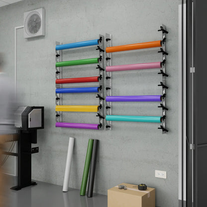 White Aluminum Wall Mounted Vinyl Roll Storage Rack with Black V-Bracket ABS Plastic Swivel Arm – Holds 5 Vinyl Rolls, Space-Saving Organizer for Studios & Print Shops