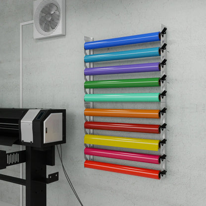 White Aluminum Wall Mounted Vinyl Roll Storage Rack with Black V-Bracket ABS Plastic Swivel Arm – Holds 5 Vinyl Rolls, Space-Saving Organizer for Studios & Print Shops