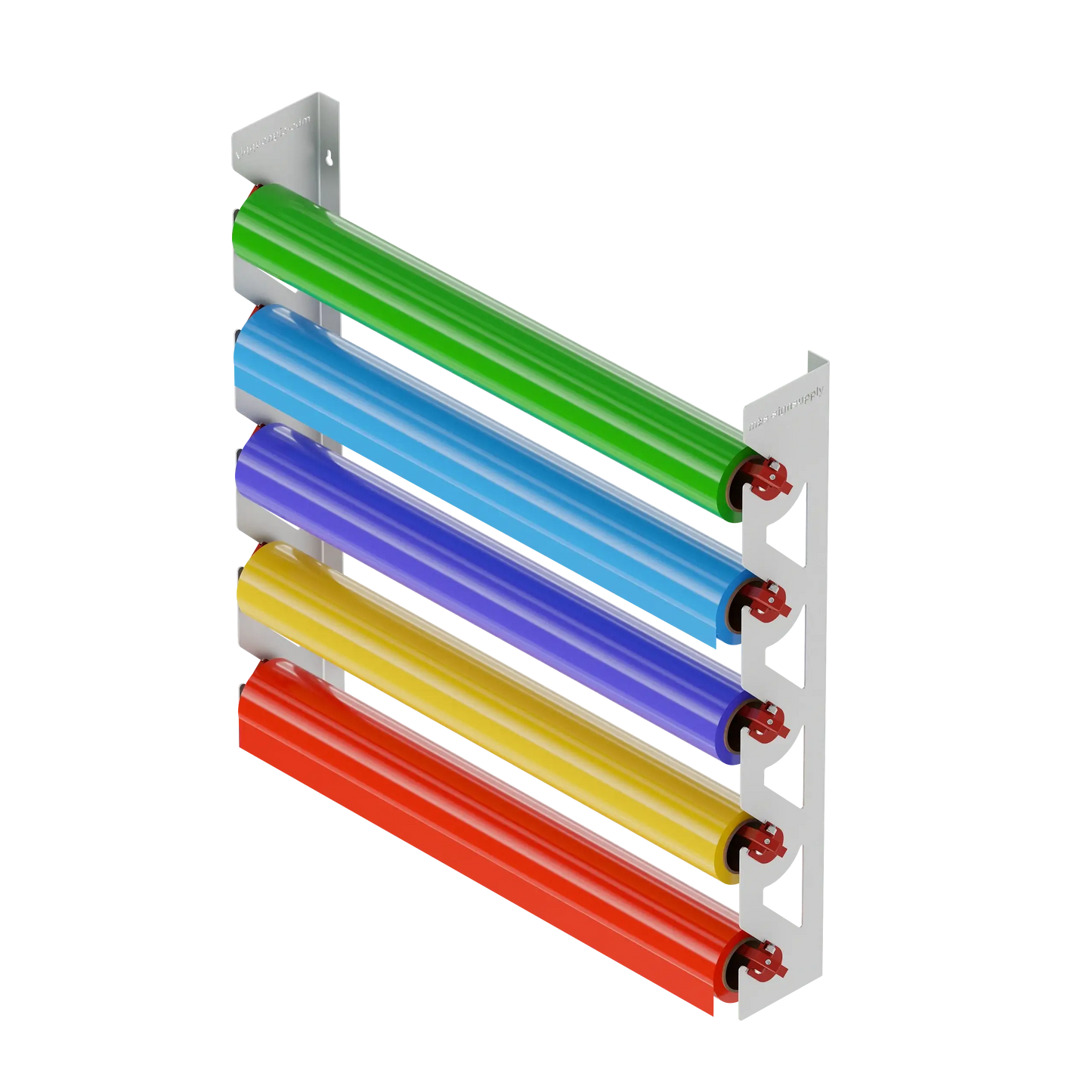 White Aluminum Wall Mounted Vinyl Roll Storage Rack with Red V-Bracket ABS Plastic Swivel Arm – Holds 5 Vinyl Rolls, Space-Saving Organizer for Studios & Print Shops