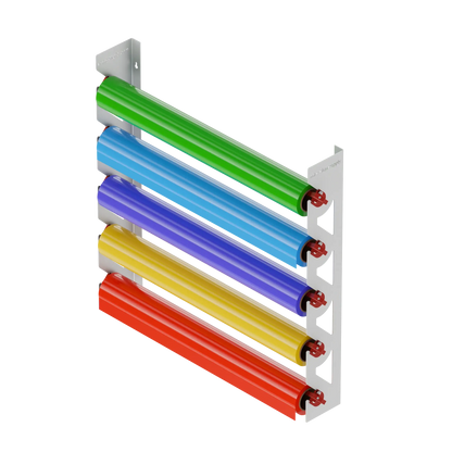 White Aluminum Wall Mounted Vinyl Roll Storage Rack with Red V-Bracket ABS Plastic Swivel Arm – Holds 5 Vinyl Rolls, Space-Saving Organizer for Studios & Print Shops