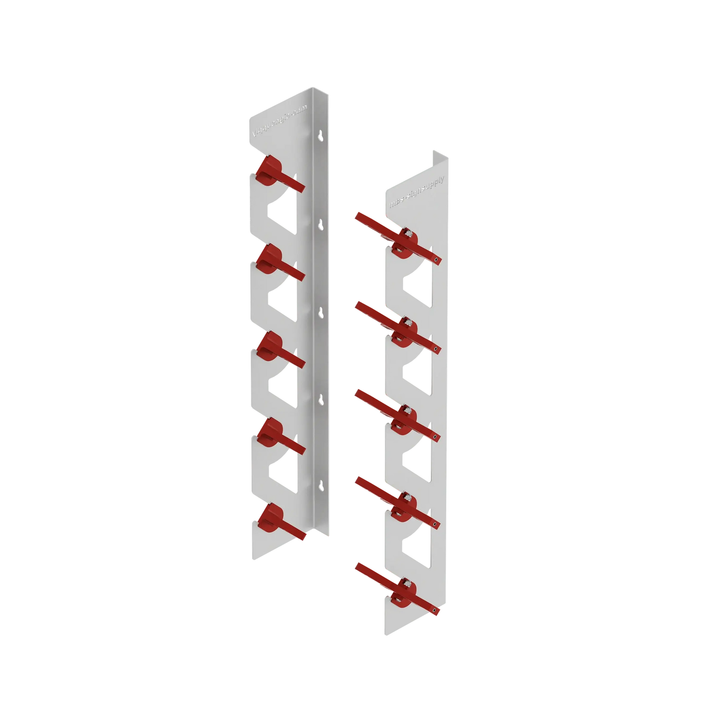 White Aluminum Wall Mounted Vinyl Roll Storage Rack with Red V-Bracket ABS Plastic Swivel Arm – Holds 5 Vinyl Rolls, Space-Saving Organizer for Studios & Print Shops
