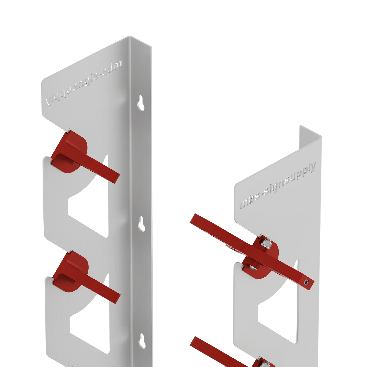 White Aluminum Wall Mounted Vinyl Roll Storage Rack with Red V-Bracket ABS Plastic Swivel Arm – Holds 5 Vinyl Rolls, Space-Saving Organizer for Studios & Print Shops
