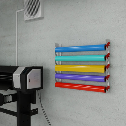 White Aluminum Wall Mounted Vinyl Roll Storage Rack with Red V-Bracket ABS Plastic Swivel Arm – Holds 5 Vinyl Rolls, Space-Saving Organizer for Studios & Print Shops