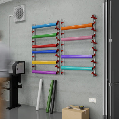 White Aluminum Wall Mounted Vinyl Roll Storage Rack with Red V-Bracket ABS Plastic Swivel Arm – Holds 5 Vinyl Rolls, Space-Saving Organizer for Studios & Print Shops