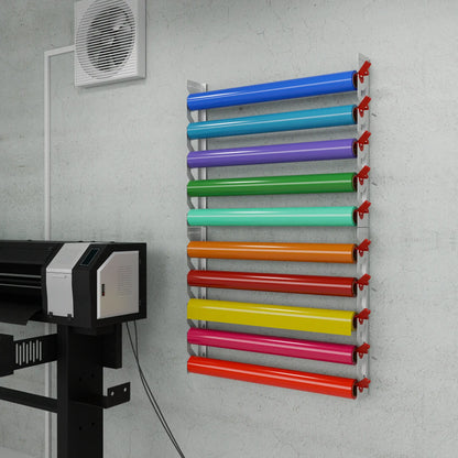 White Aluminum Wall Mounted Vinyl Roll Storage Rack with Red V-Bracket ABS Plastic Swivel Arm – Holds 5 Vinyl Rolls, Space-Saving Organizer for Studios & Print Shops