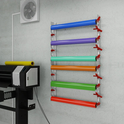 White Aluminum Wall Mounted Vinyl Roll Storage Rack with Red V-Bracket ABS Plastic Swivel Arm – Holds 5 Vinyl Rolls, Space-Saving Organizer for Studios & Print Shops
