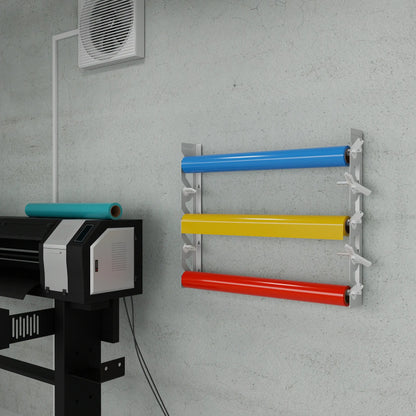 2-Pack Wall Mounted Vinyl Roll Storage Racks – White Aluminum with White ABS Swivel Arms, Holds 10 Rolls Total, Space-Saving Organizer for Print Shops, Studios & Craft Rooms