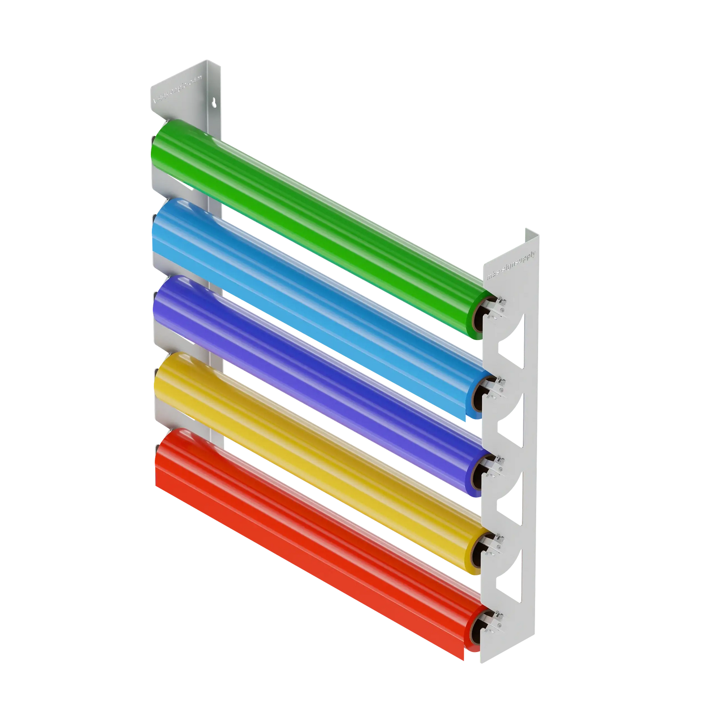 White Aluminum Wall Mounted Vinyl Roll Storage Rack with White V-Bracket ABS Plastic Swivel Arm – Holds 5 Vinyl Rolls, Space-Saving Organizer for Studios & Print Shops