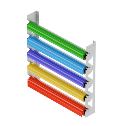 White Aluminum Wall Mounted Vinyl Roll Storage Rack with White V-Bracket ABS Plastic Swivel Arm – Holds 5 Vinyl Rolls, Space-Saving Organizer for Studios & Print Shops