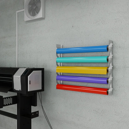 White Aluminum Wall Mounted Vinyl Roll Storage Rack with White V-Bracket ABS Plastic Swivel Arm – Holds 5 Vinyl Rolls, Space-Saving Organizer for Studios & Print Shops