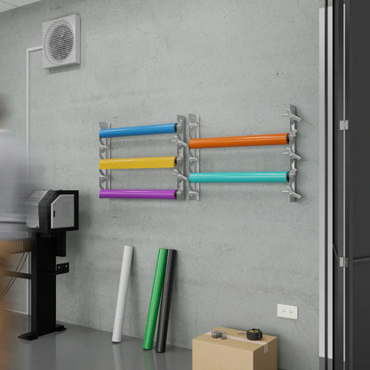 White Aluminum Wall Mounted Vinyl Roll Storage Rack with White V-Bracket ABS Plastic Swivel Arm – Holds 5 Vinyl Rolls, Space-Saving Organizer for Studios & Print Shops