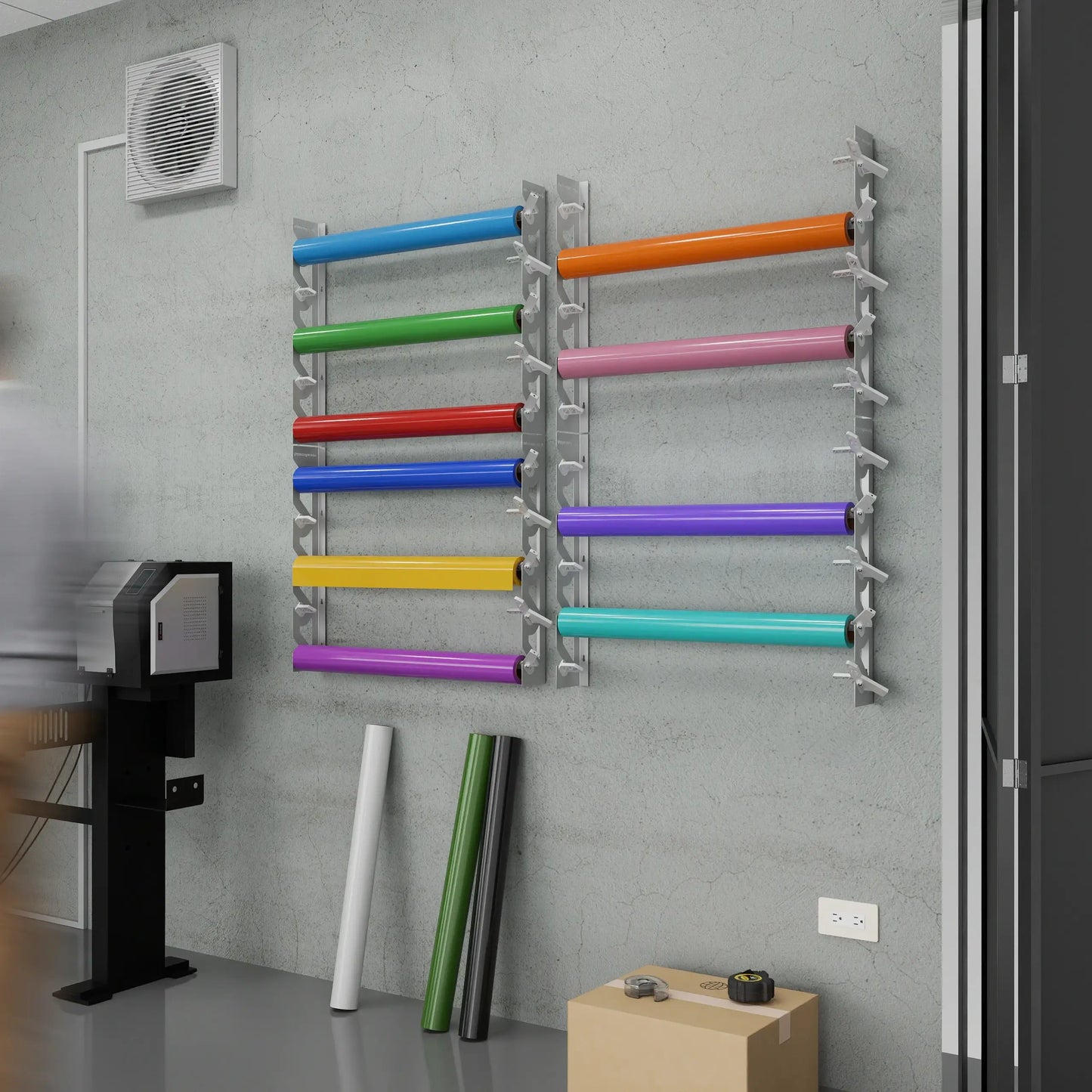 White Aluminum Wall Mounted Vinyl Roll Storage Rack with White V-Bracket ABS Plastic Swivel Arm – Holds 5 Vinyl Rolls, Space-Saving Organizer for Studios & Print Shops