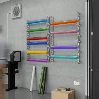 White Aluminum Wall Mounted Vinyl Roll Storage Rack with White V-Bracket ABS Plastic Swivel Arm – Holds 5 Vinyl Rolls, Space-Saving Organizer for Studios & Print Shops