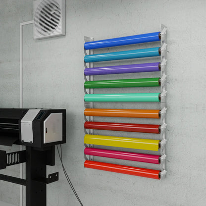 White Aluminum Wall Mounted Vinyl Roll Storage Rack with White V-Bracket ABS Plastic Swivel Arm – Holds 5 Vinyl Rolls, Space-Saving Organizer for Studios & Print Shops