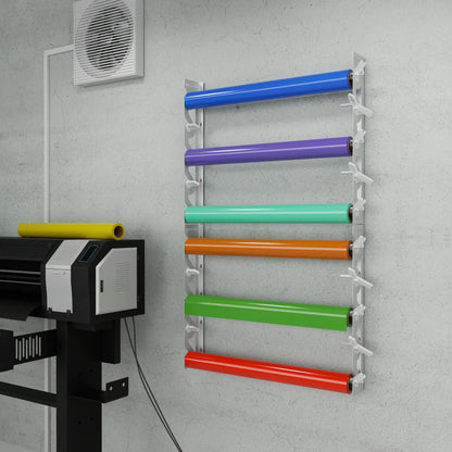 White Aluminum Wall Mounted Vinyl Roll Storage Rack with White V-Bracket ABS Plastic Swivel Arm – Holds 5 Vinyl Rolls, Space-Saving Organizer for Studios & Print Shops